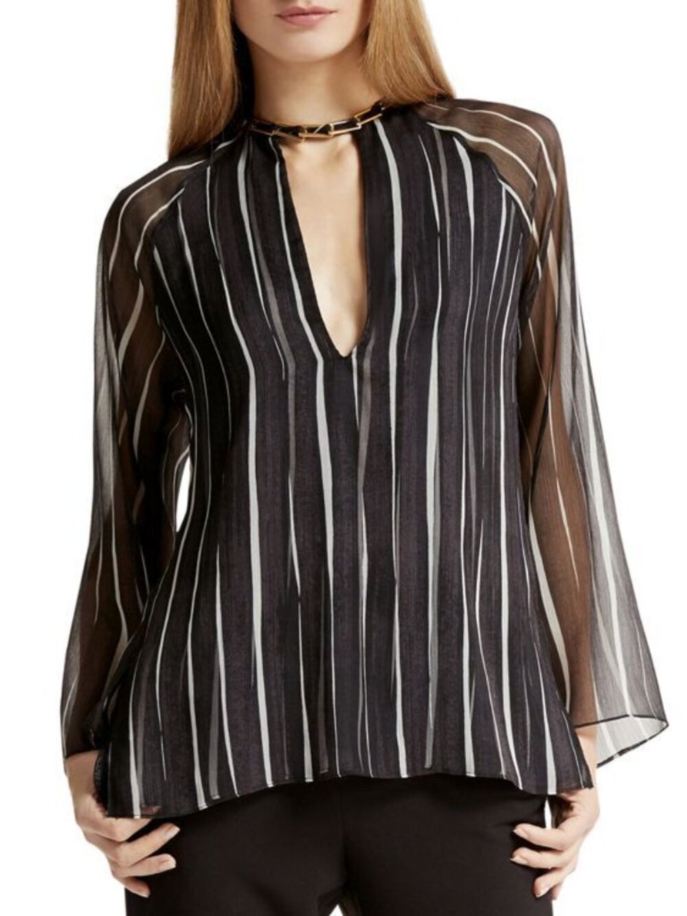 Halston Heritage Sheer Striped Chain-Neck Deep-V Neck Blouse Size 8
